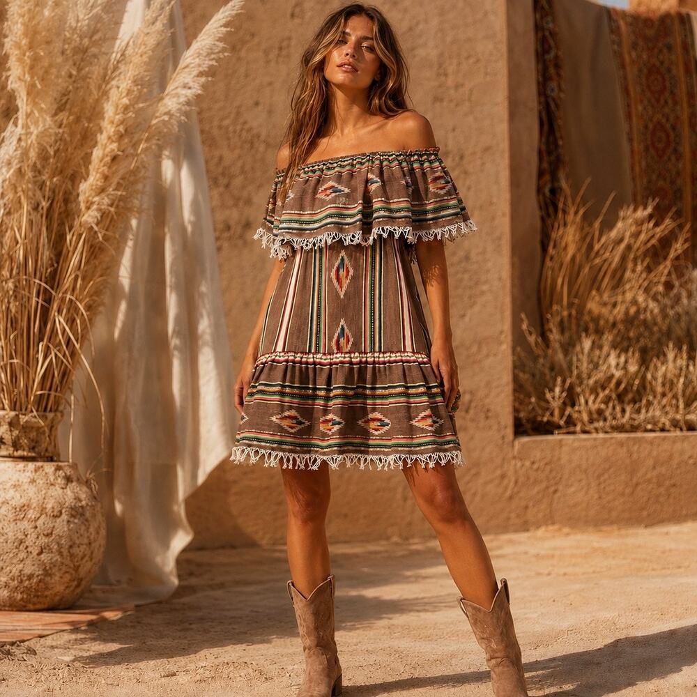 Boho Luxury Western Festival Miss June Paris Shiloh Sequin Fringe Mini Dress OS